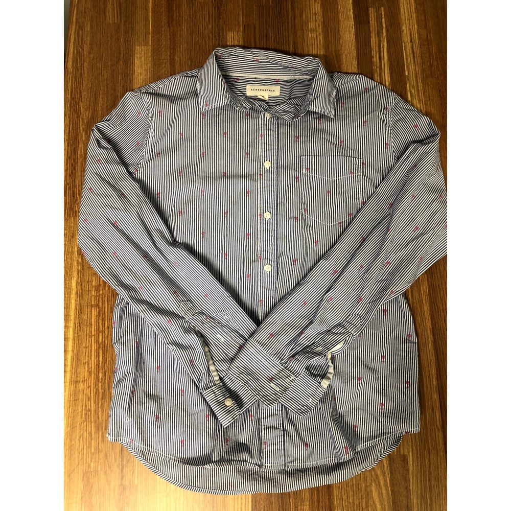 Aeropostale Mens Medium Blue White Striped Button Up Shirt Long Sleeve Pocket
